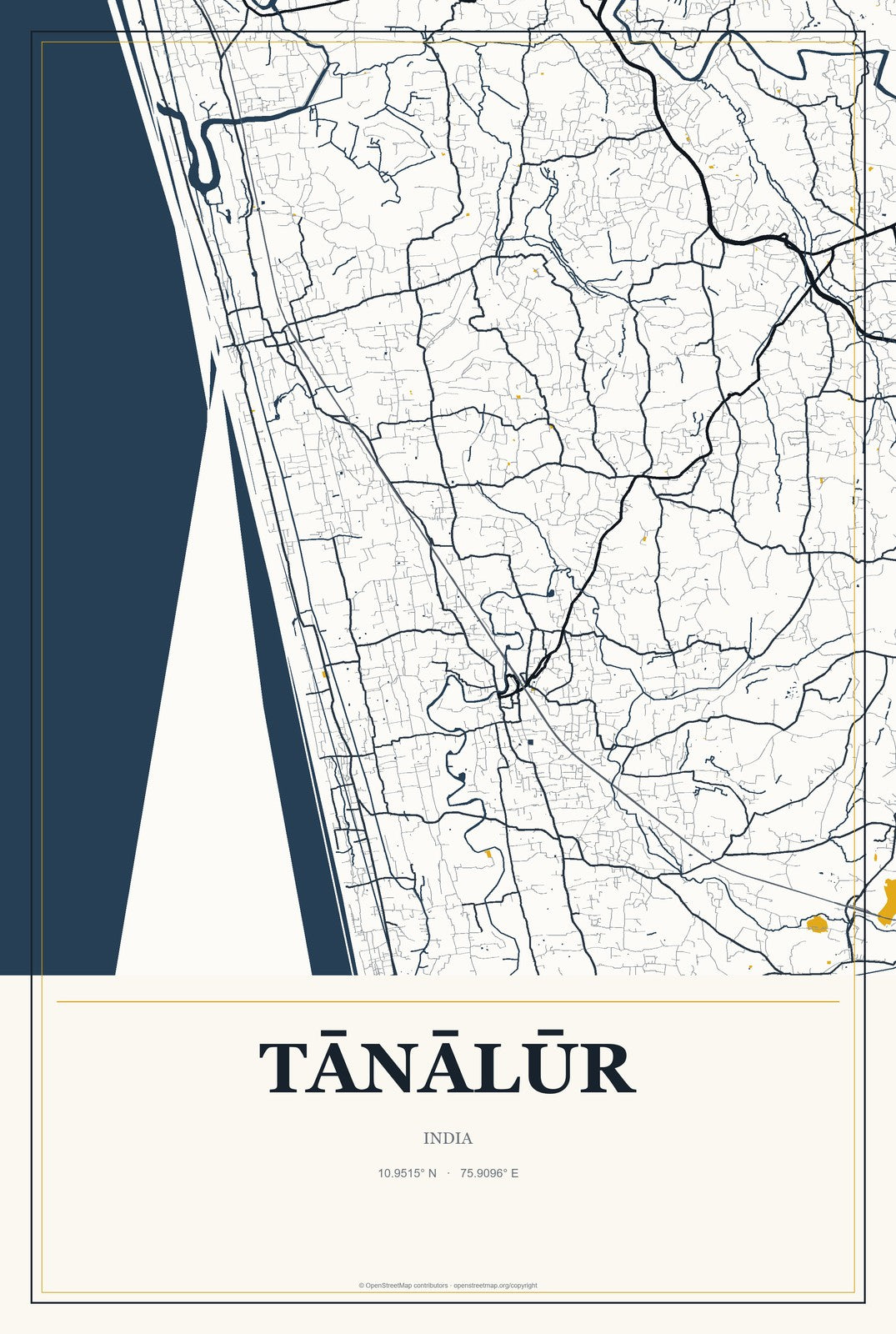 Tānālūr, India City Map Aluminum Sign in Citrine Modern style