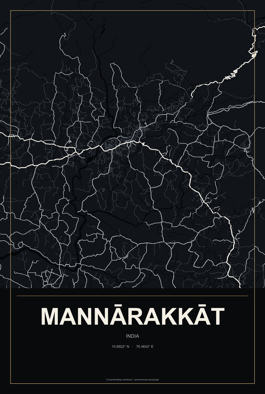 Mannārakkāt, India City Map Aluminum Sign in Metropolitan Noir style