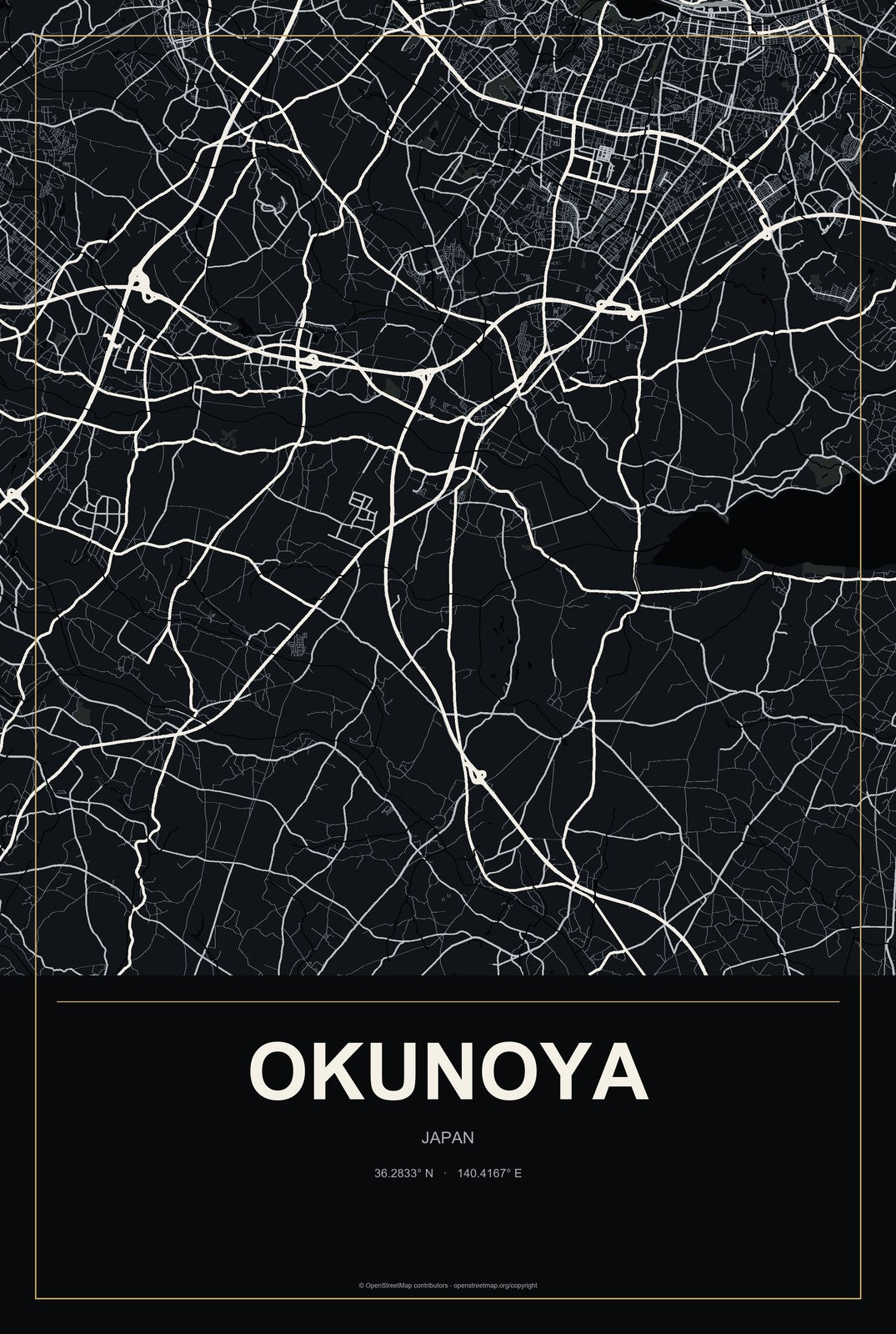 Okunoya, Japan City Map Aluminum Sign in Metropolitan Noir style