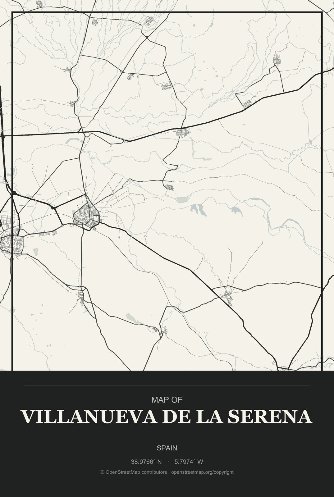 Villanueva de la Serena, Spain City Map Aluminum Sign in Museum Plaque style