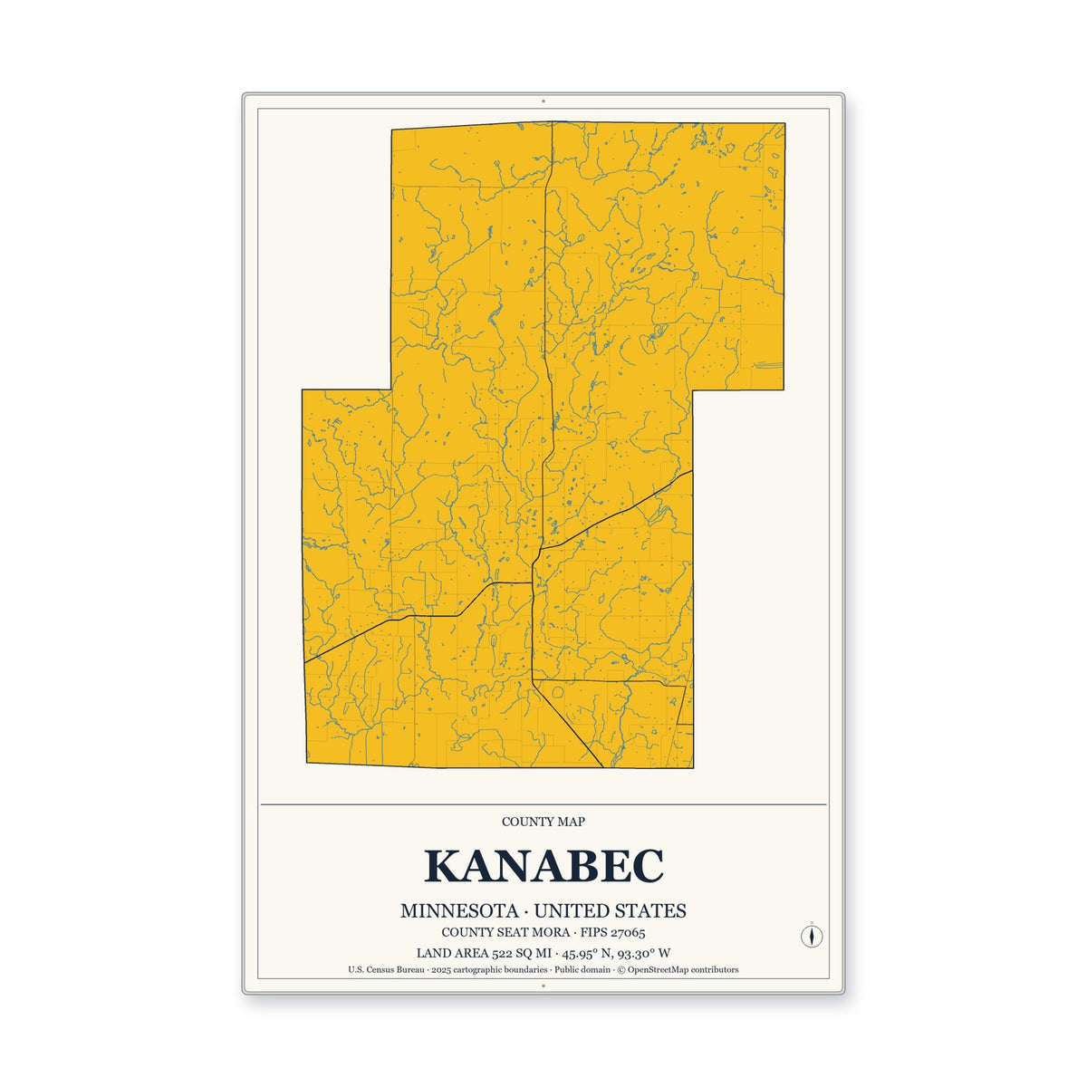 Kanabec County, Minnesota Map Aluminum Sign in Citrine Modern style