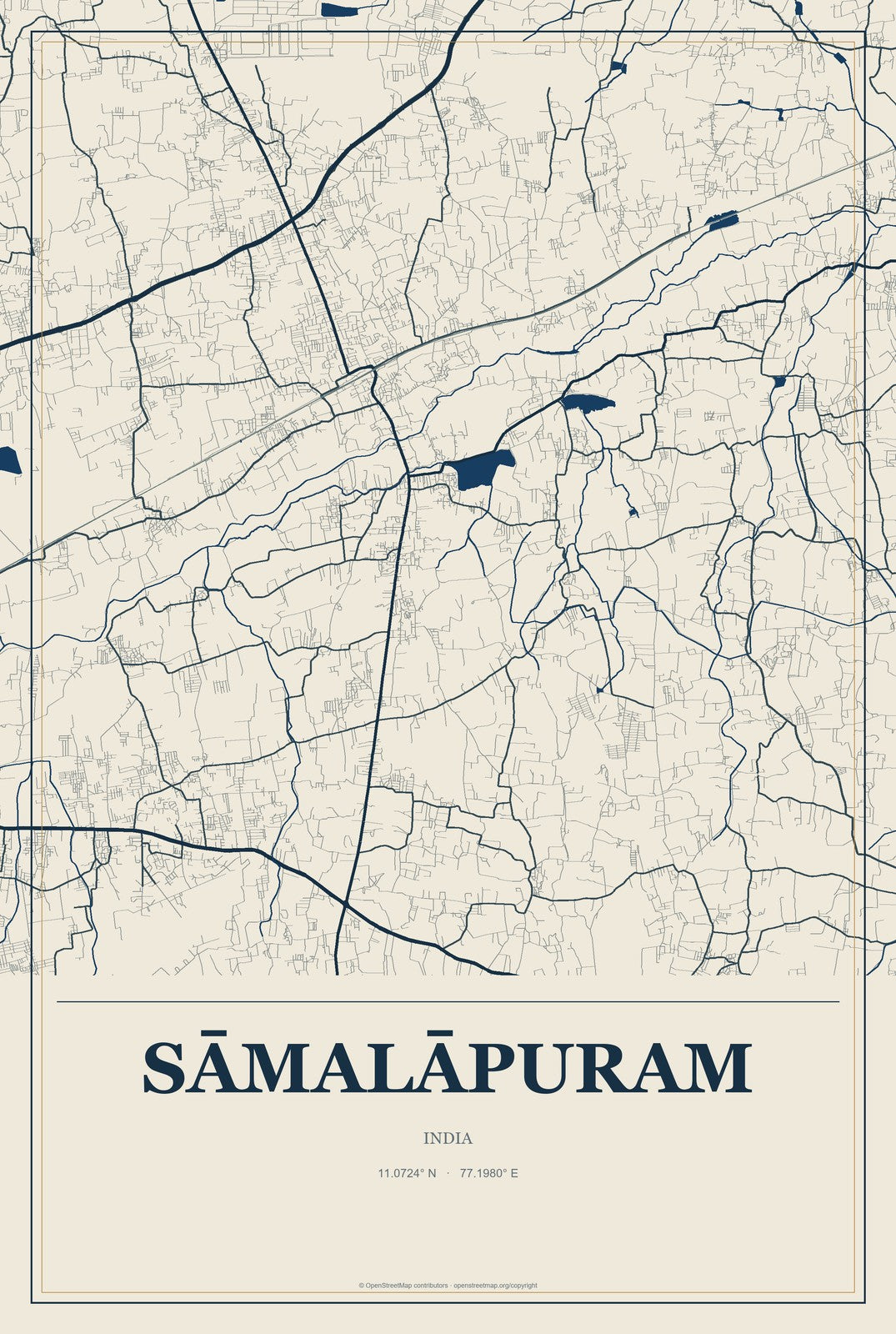 Sāmalāpuram, India City Map Aluminum Sign in Coastal Cutout style