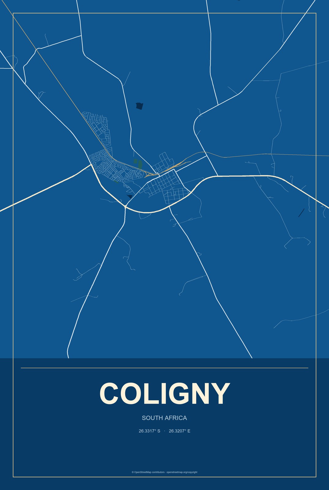 Coligny, South Africa City Map Aluminum Sign in Harbor Cobalt style