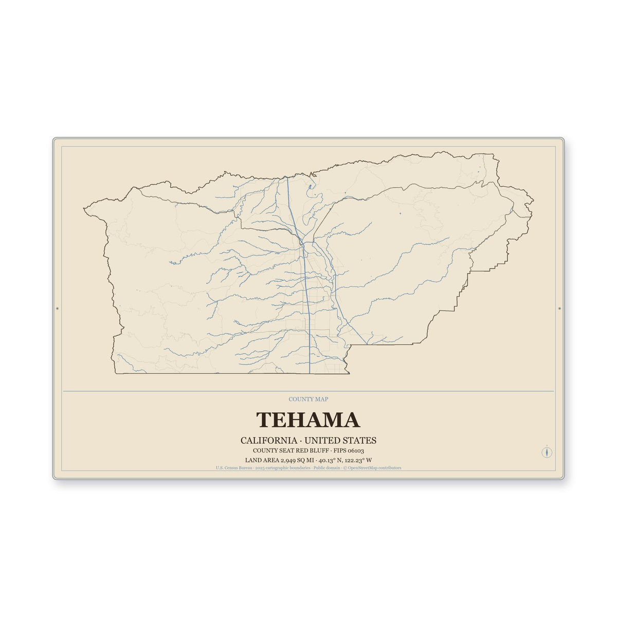 Tehama County, California Map Aluminum Sign in Heritage Nautical style