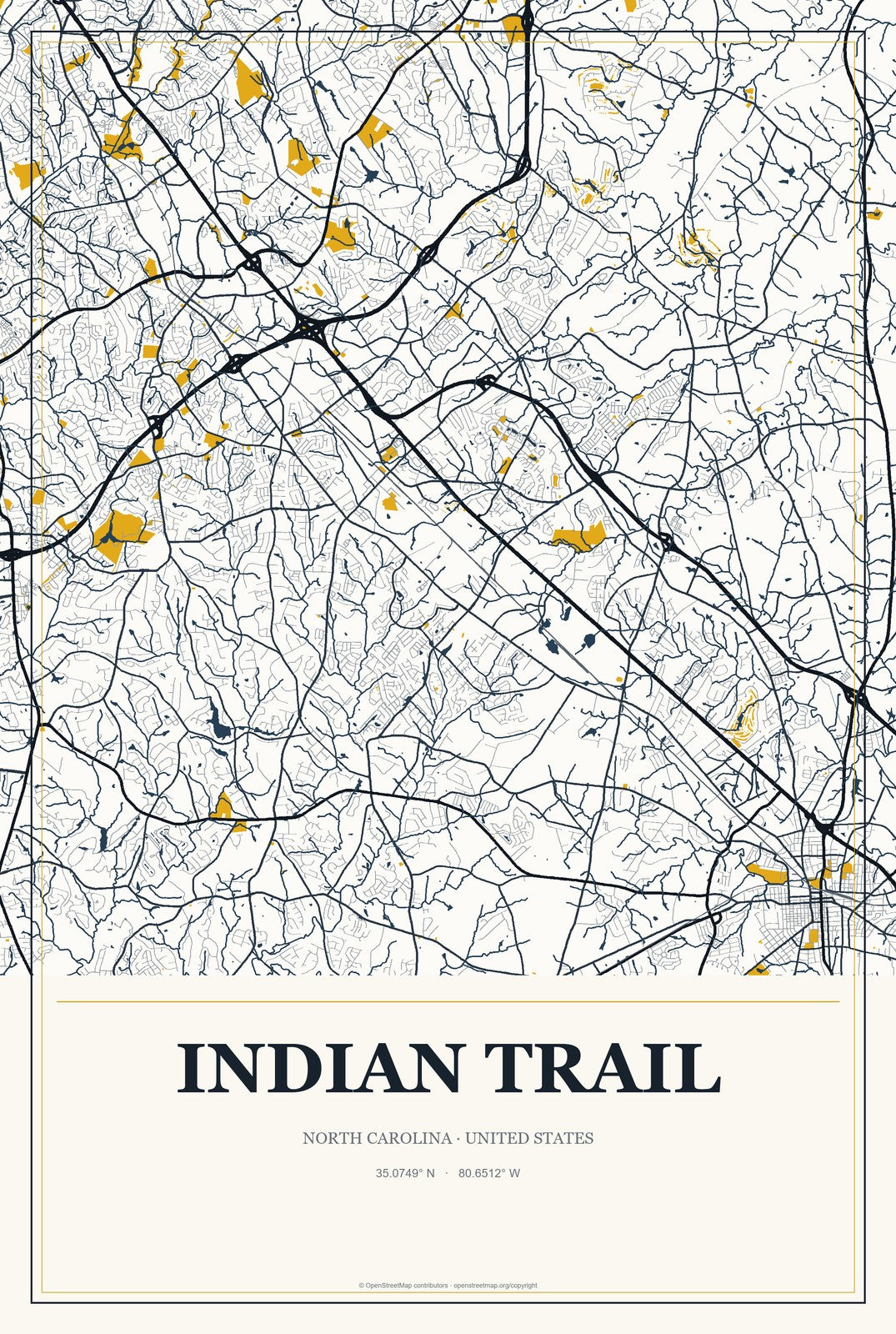 Indian Trail, North Carolina City Map Aluminum Sign in Citrine Modern style