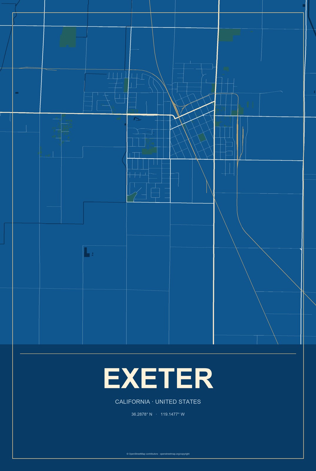 Exeter, California City Map Aluminum Sign in Harbor Cobalt style