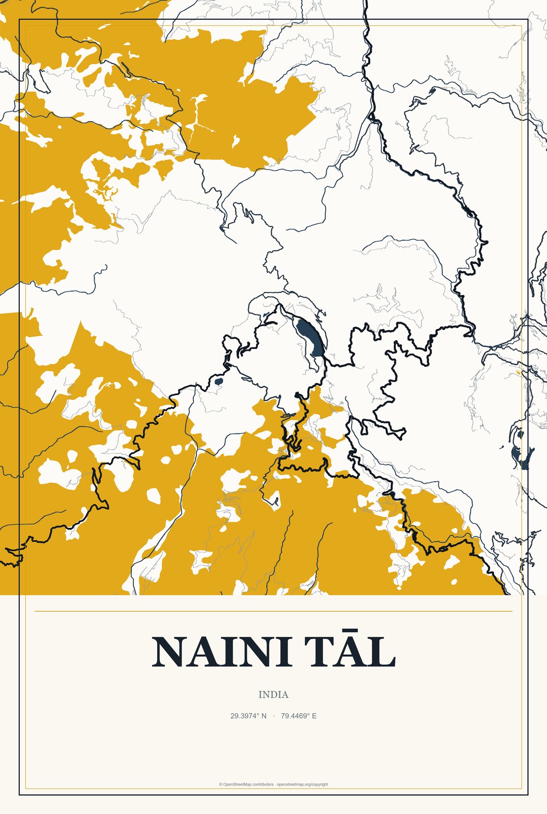 Naini Tāl, India City Map Aluminum Sign in Citrine Modern style