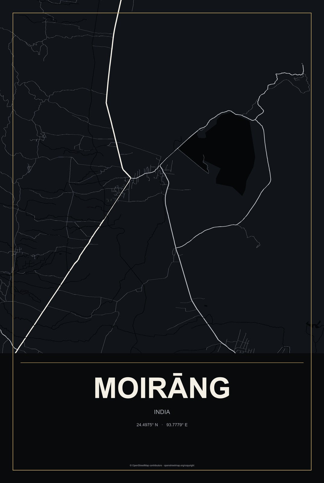 Moirāng, India City Map Aluminum Sign in Metropolitan Noir style