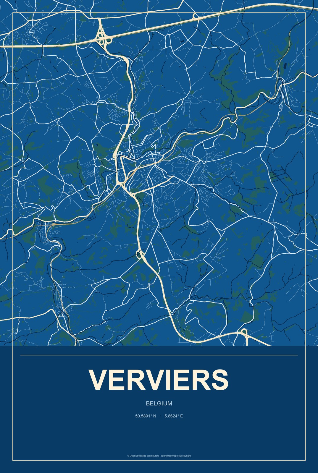 Verviers, Belgium City Map Aluminum Sign in Harbor Cobalt style