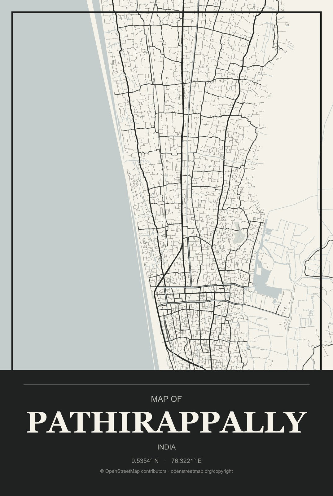 Pathirappally, India City Map Aluminum Sign in Museum Plaque style