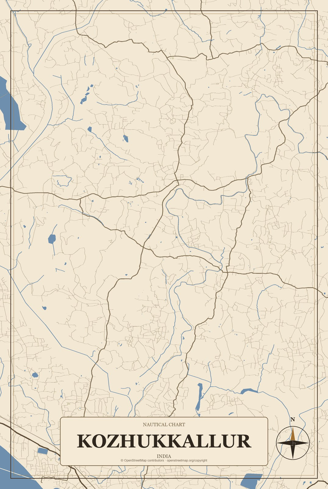 Kozhukkallur, India City Map Aluminum Sign in Heritage Nautical style