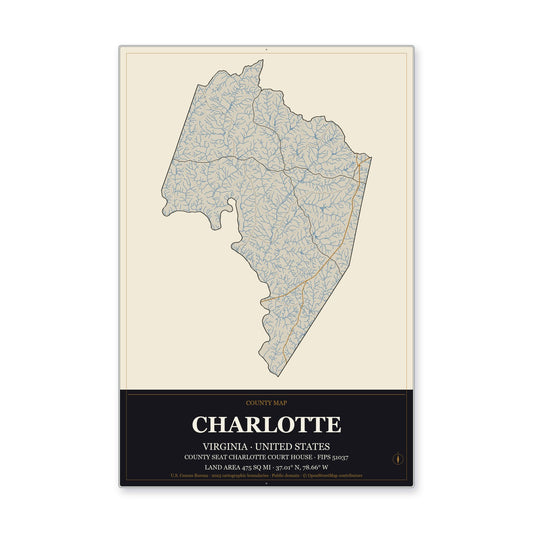 Charlotte County, Virginia Map Aluminum Sign in Museum Plaque style