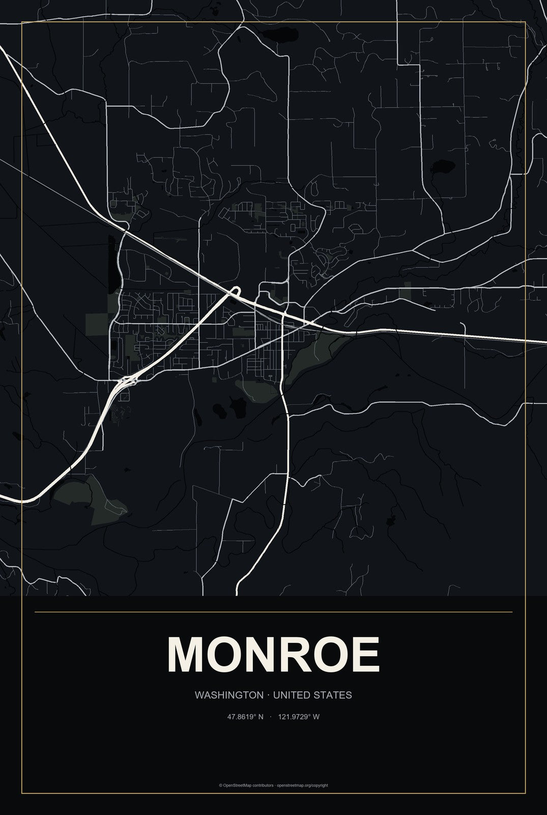Monroe, Washington City Map Aluminum Sign in Metropolitan Noir style