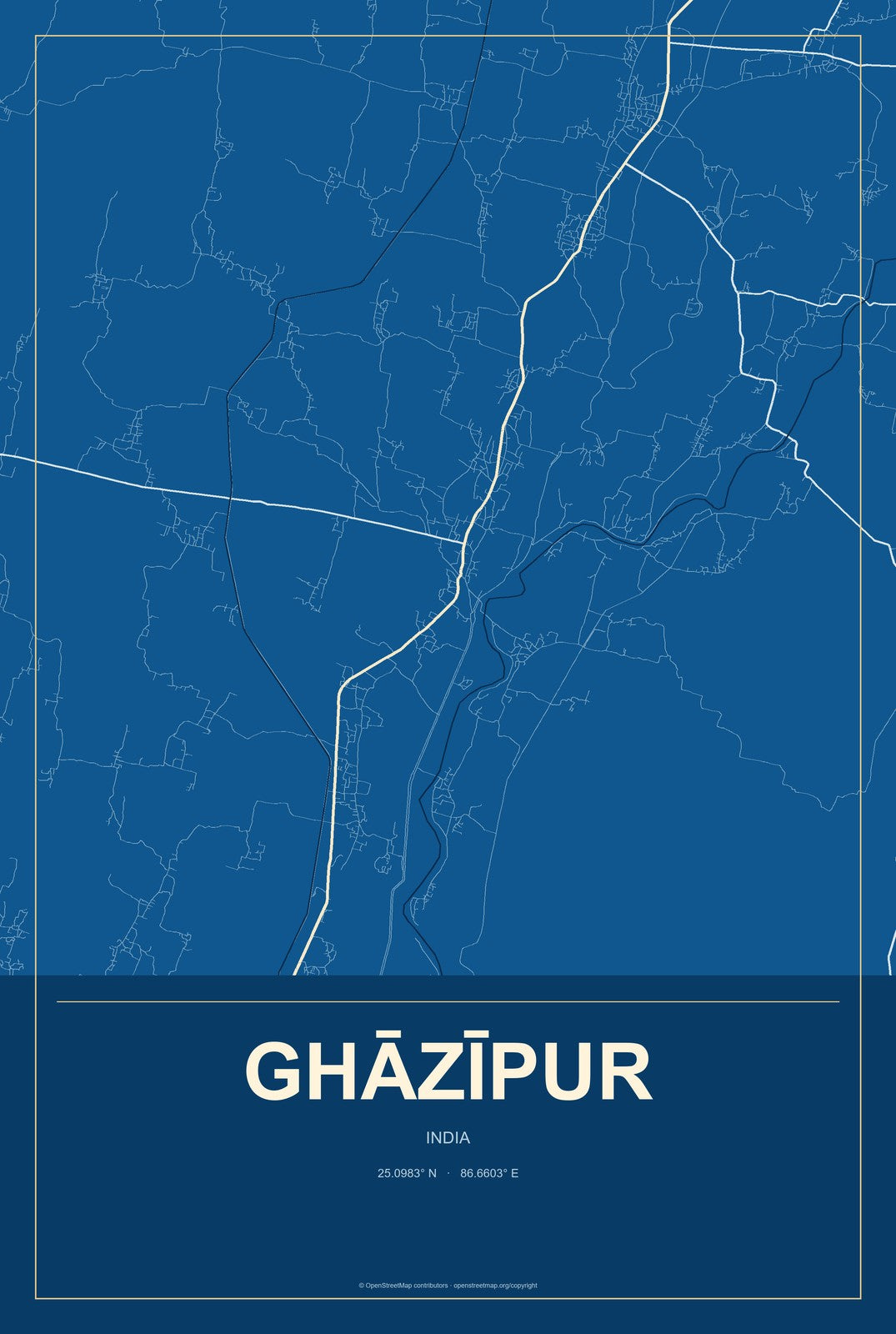 Ghāzīpur, India City Map Aluminum Sign in Harbor Cobalt style