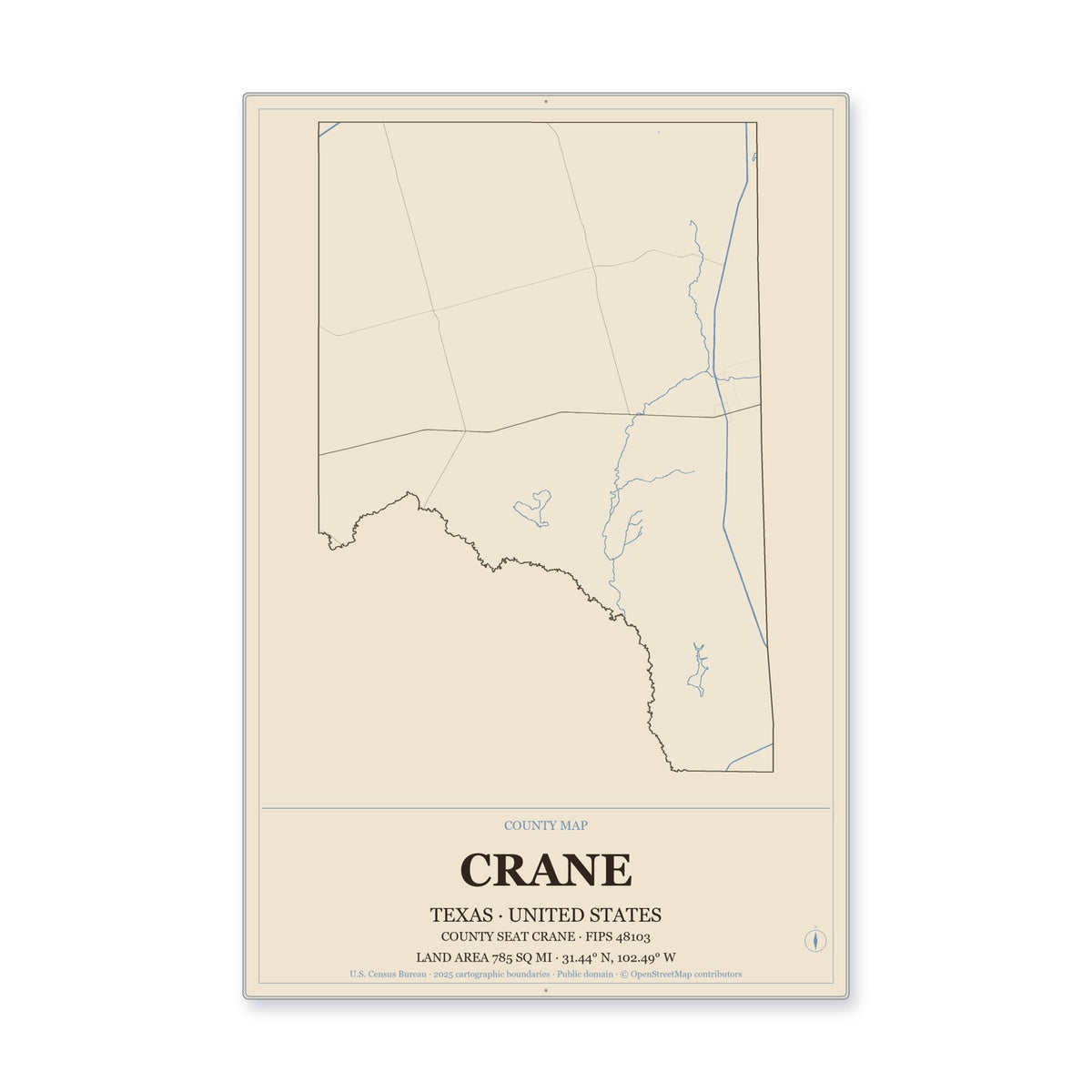 Crane County, Texas Map Aluminum Sign in Heritage Nautical style