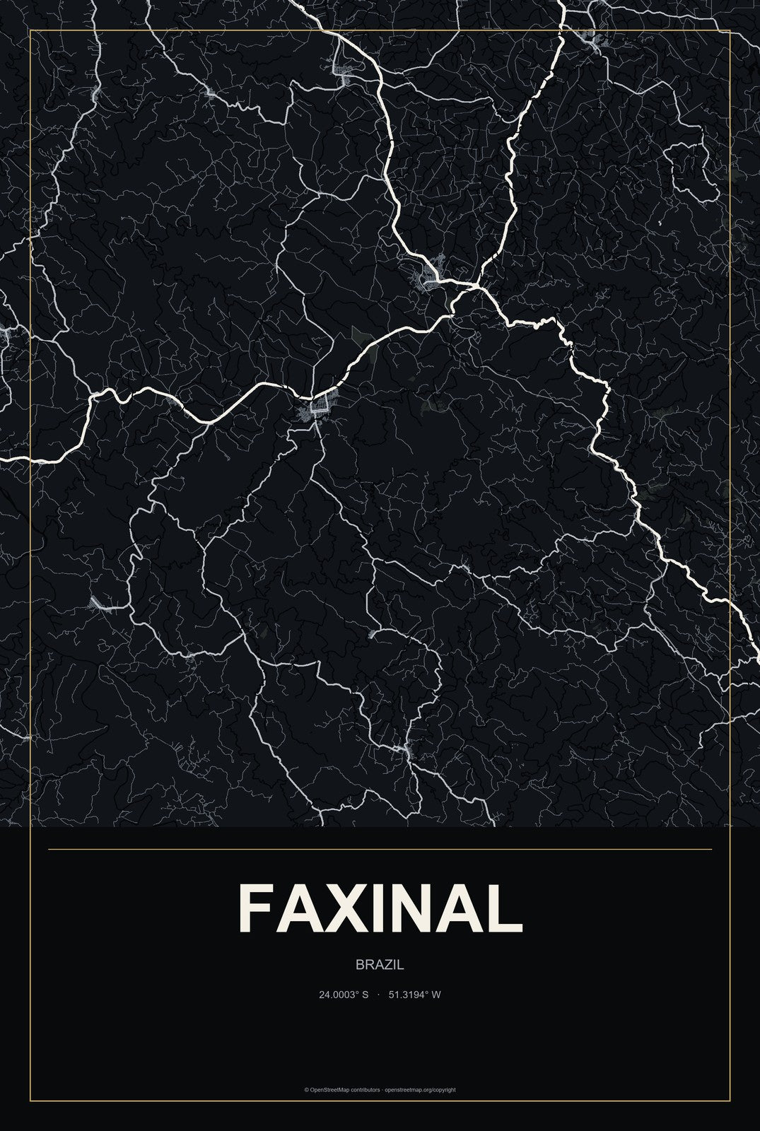 Faxinal, Brazil City Map Aluminum Sign in Metropolitan Noir style