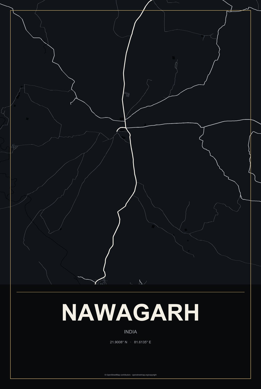 Nawagarh, India City Map Aluminum Sign in Metropolitan Noir style