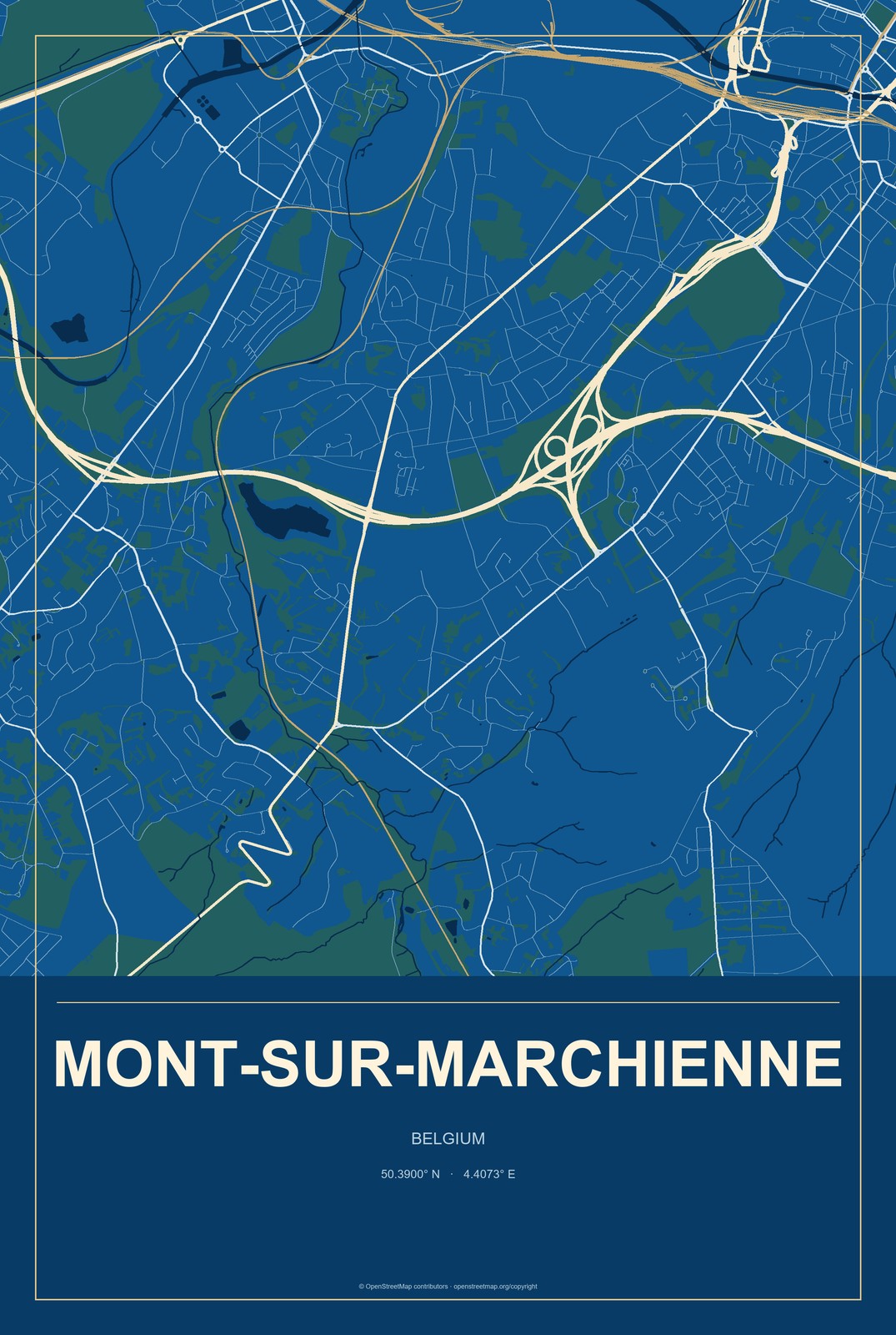 Mont-sur-Marchienne, Belgium City Map Aluminum Sign in Harbor Cobalt style