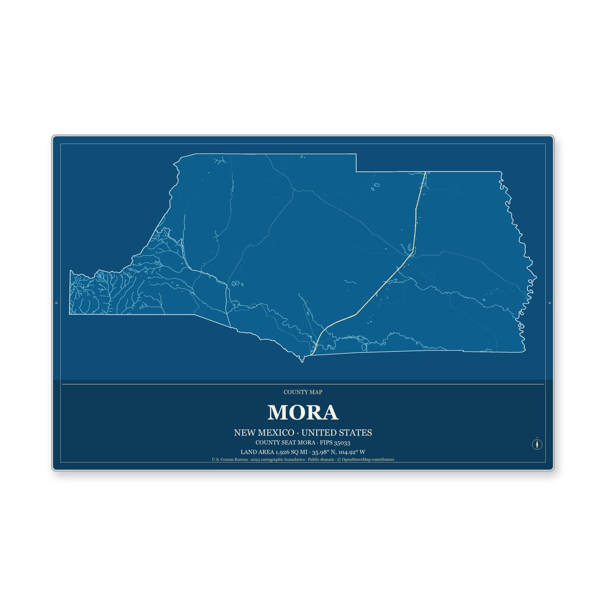 Mora County, New Mexico Map Aluminum Sign in Harbor Cobalt style