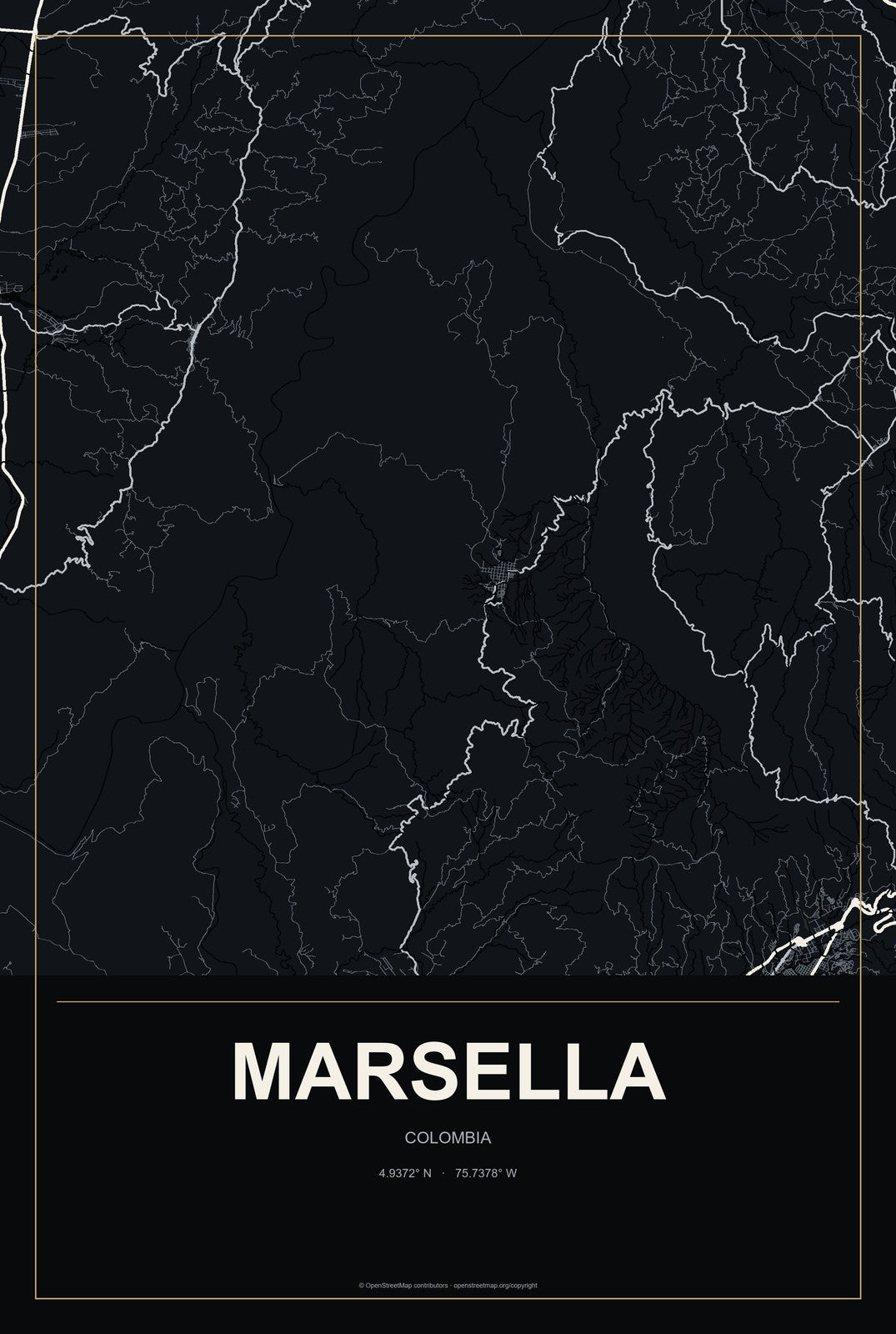 Marsella, Colombia City Map Aluminum Sign in Metropolitan Noir style