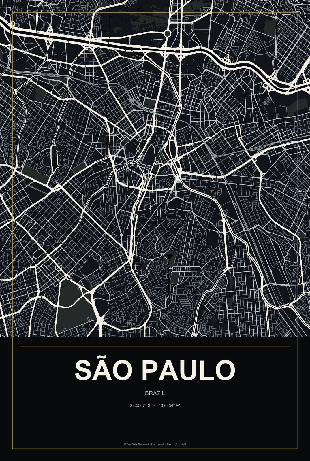 São Paulo, Brazil City Map Aluminum Sign in Metropolitan Noir style