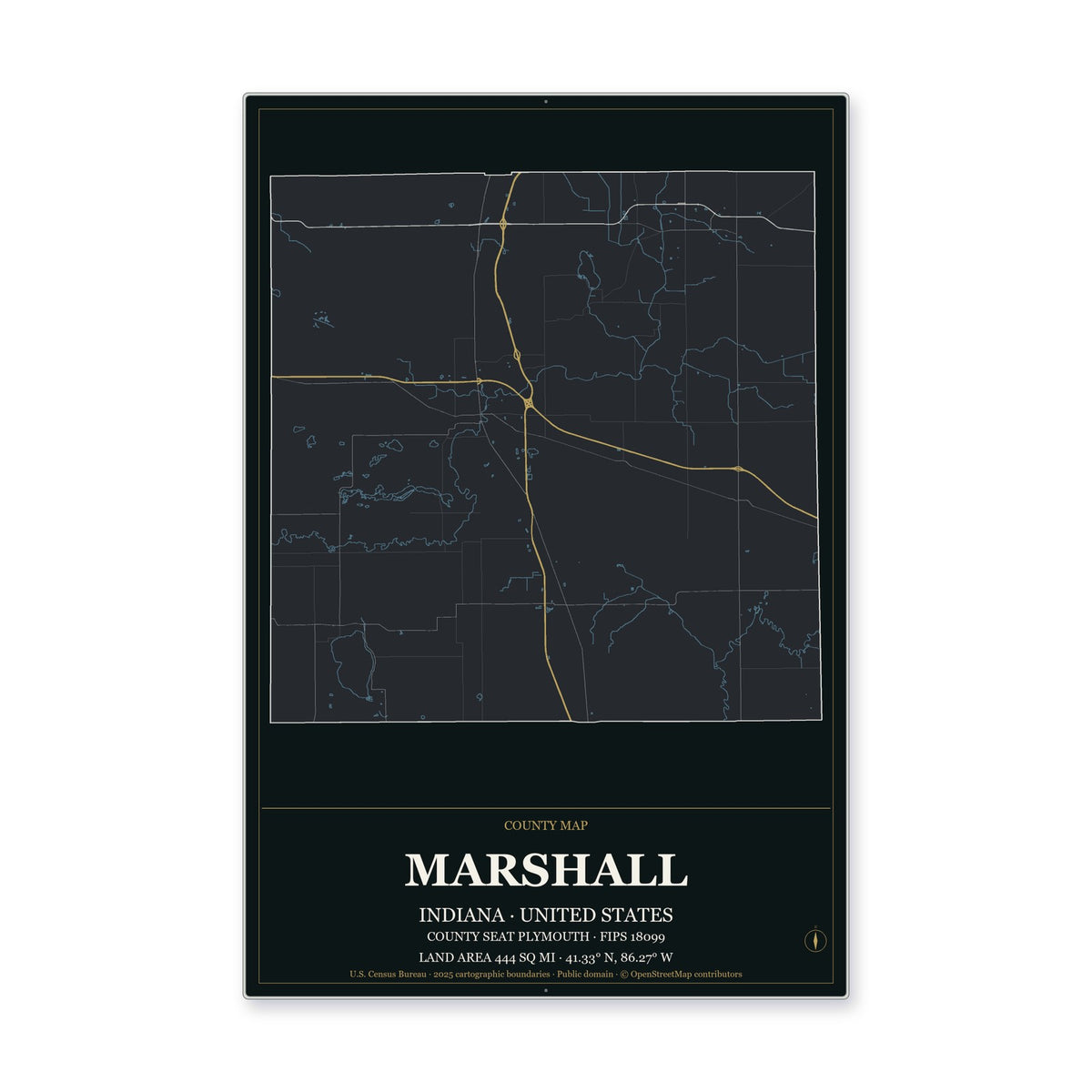 Marshall County, Indiana Map Aluminum Sign in Metropolitan Noir style