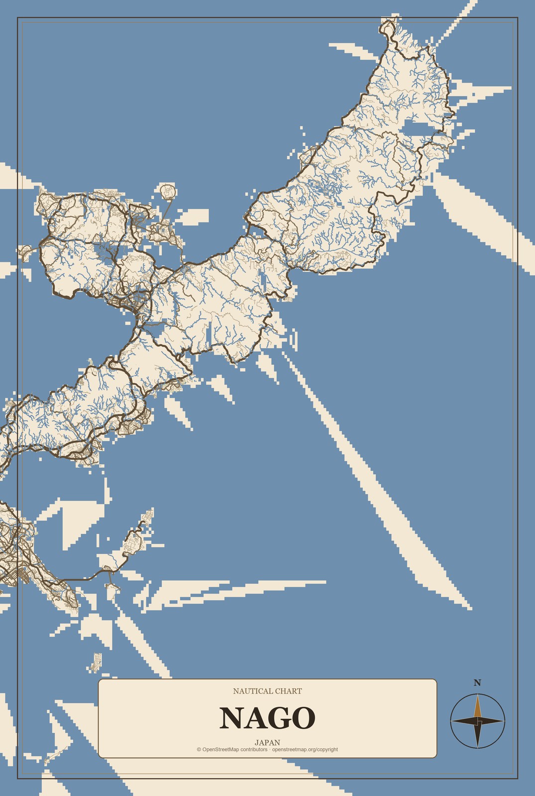 Nago, Japan City Map Aluminum Sign in Heritage Nautical style