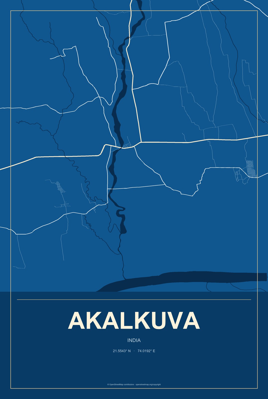 Akalkuva, India City Map Aluminum Sign in Harbor Cobalt style