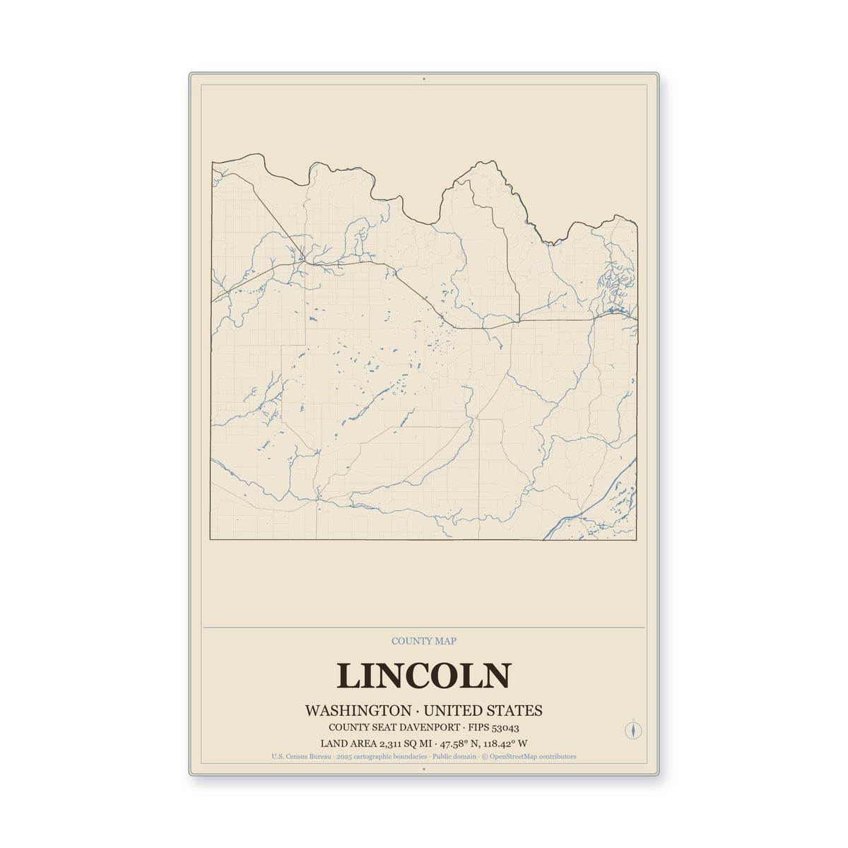 Lincoln County, Washington Map Aluminum Sign in Heritage Nautical style