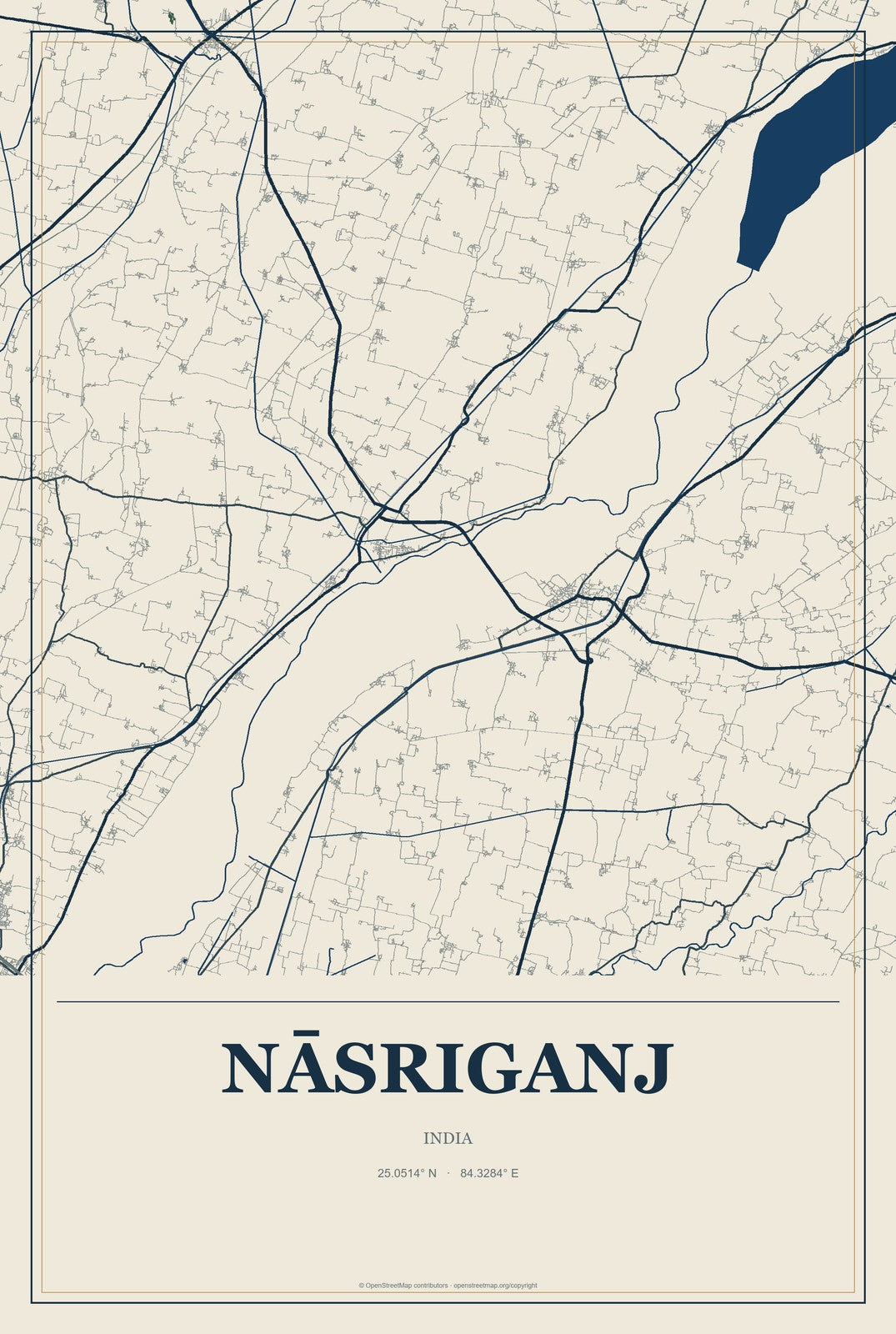 Nāsriganj, India City Map Aluminum Sign in Coastal Cutout style