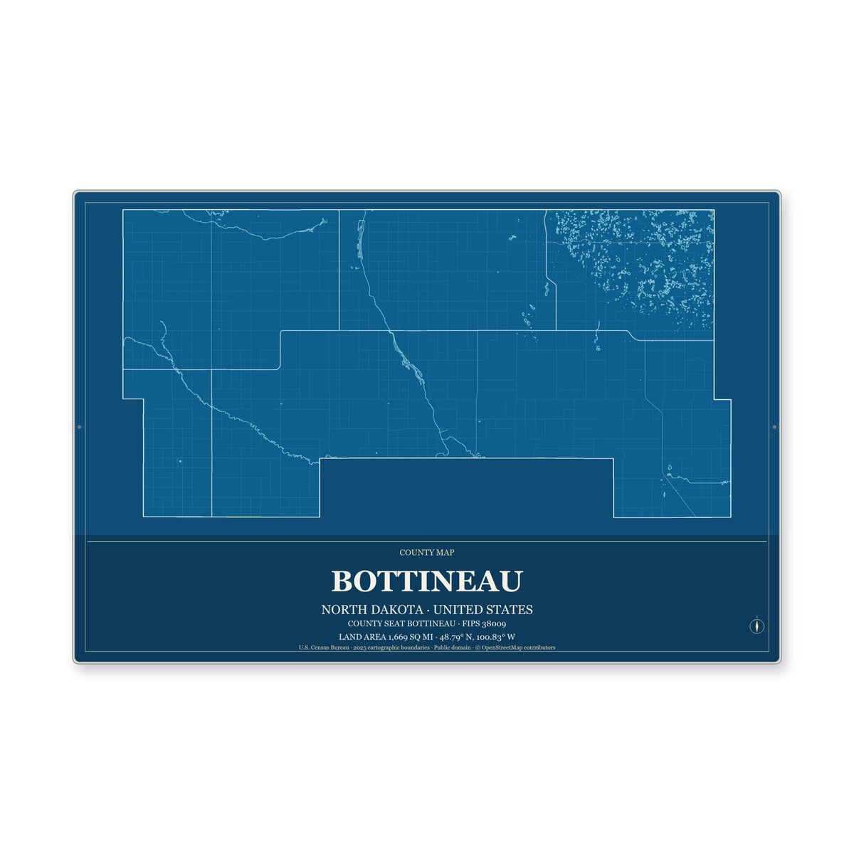 Bottineau County, North Dakota Map Aluminum Sign in Harbor Cobalt style