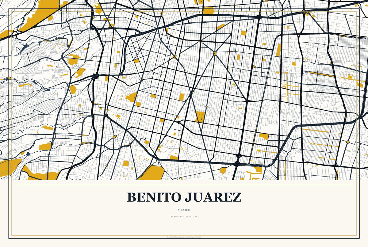 Benito Juarez, Mexico City Map Aluminum Sign in Citrine Modern style