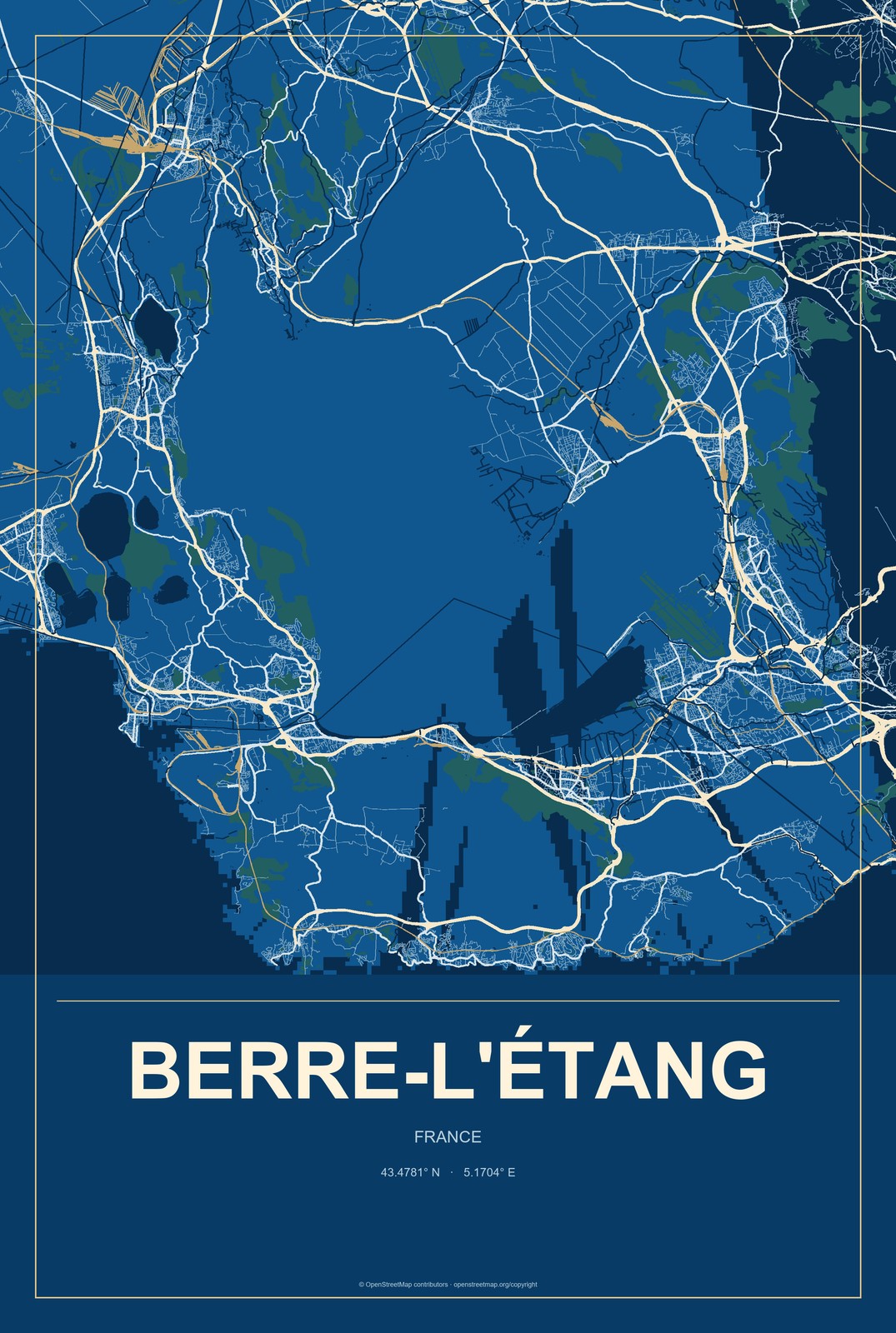 Berre-l'Étang, France City Map Aluminum Sign in Harbor Cobalt style