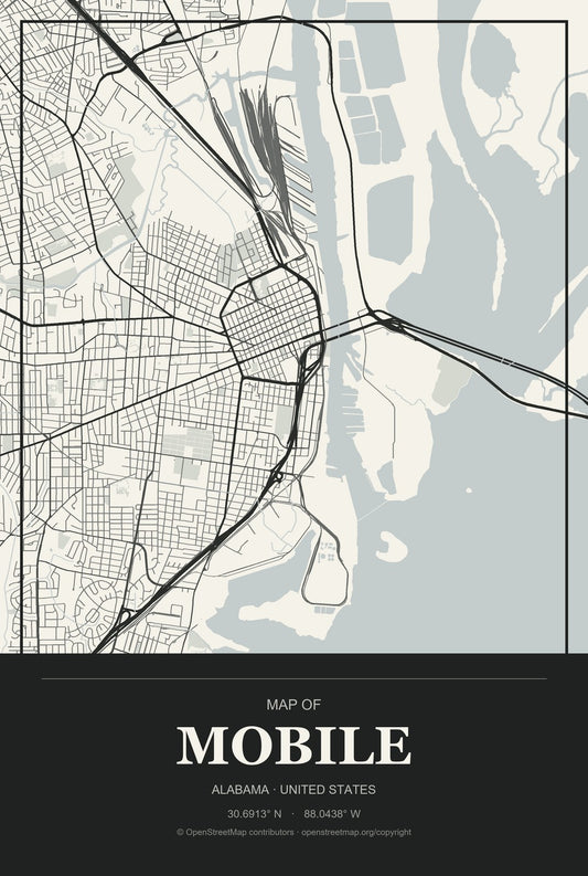 Mobile, Alabama City Map Aluminum Sign in Museum Plaque style
