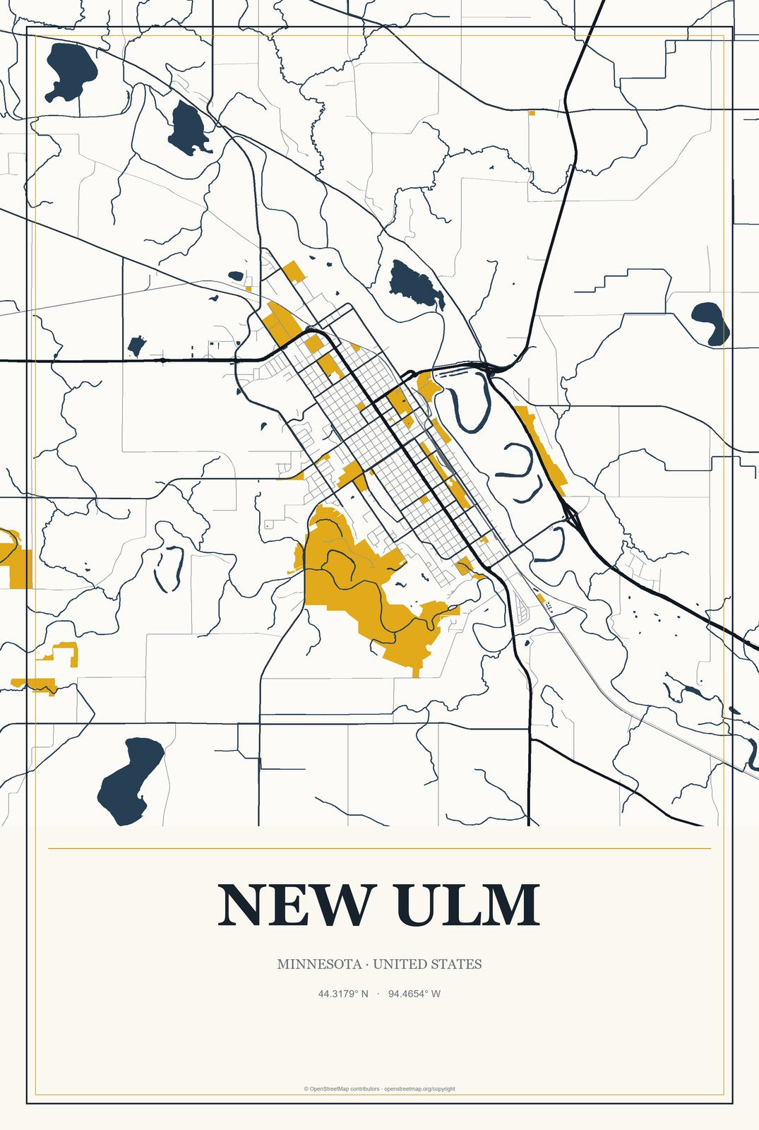 New Ulm, Minnesota City Map Aluminum Sign in Citrine Modern style