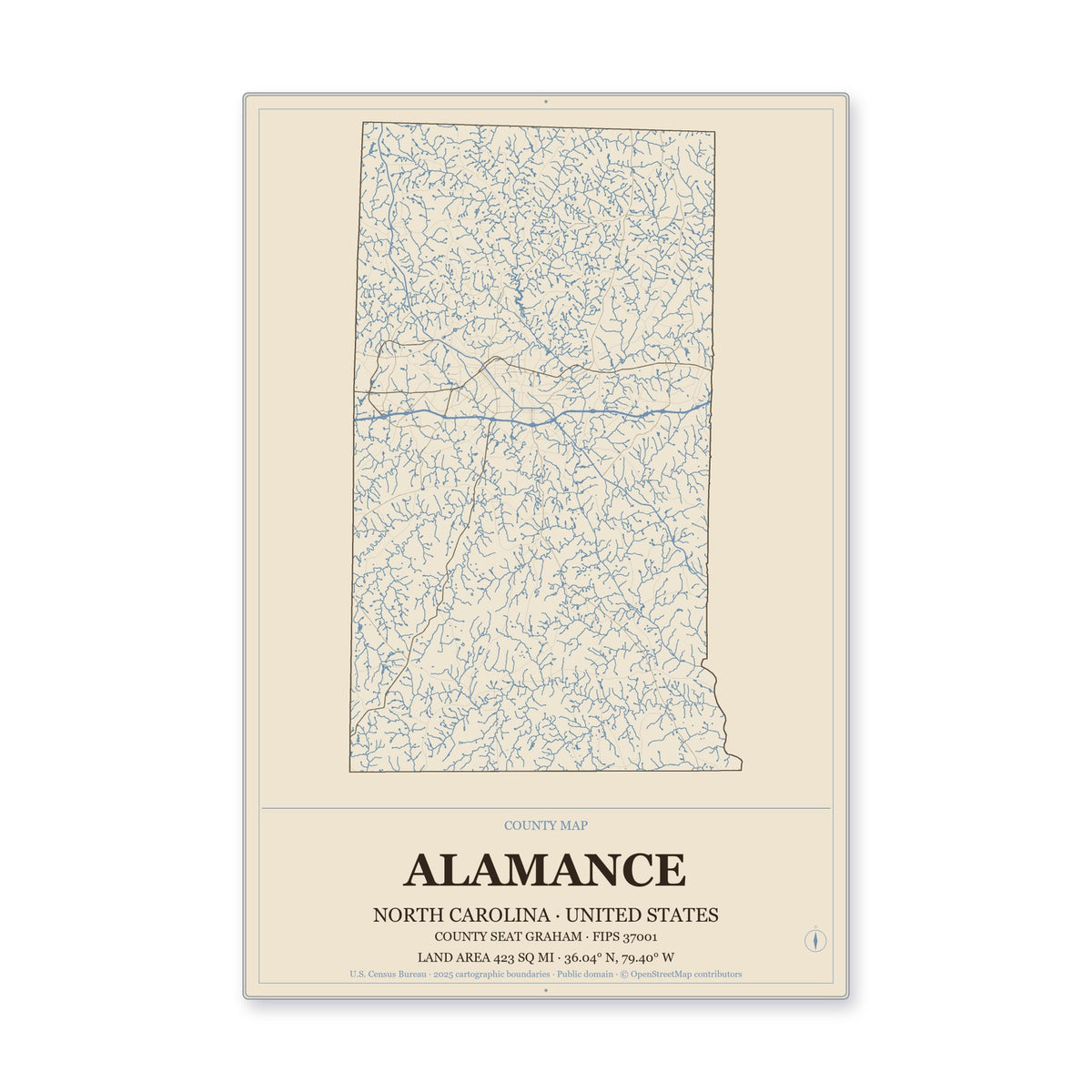 Alamance County, North Carolina Map Aluminum Sign in Heritage Nautical style