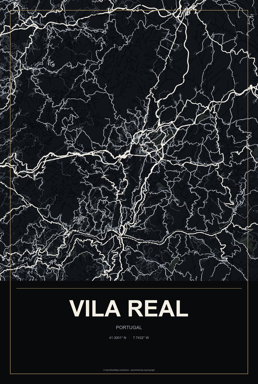 Vila Real, Portugal City Map Aluminum Sign in Metropolitan Noir style