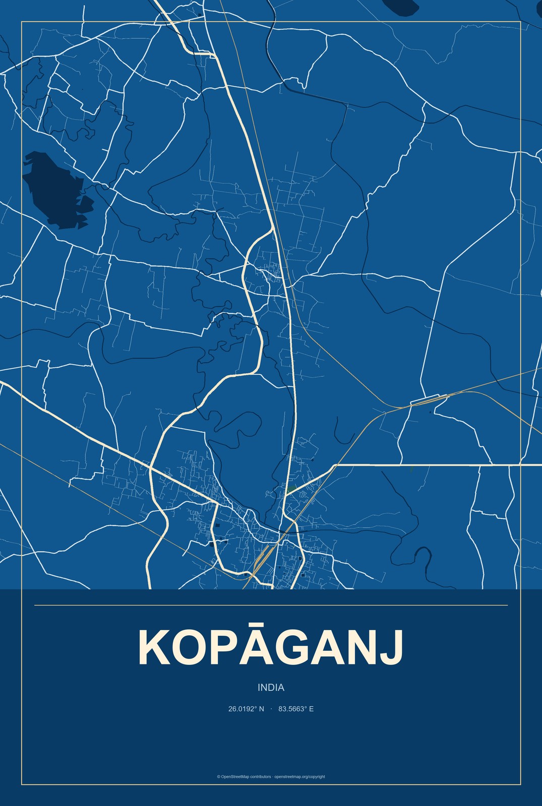 Kopāganj, India City Map Aluminum Sign in Harbor Cobalt style