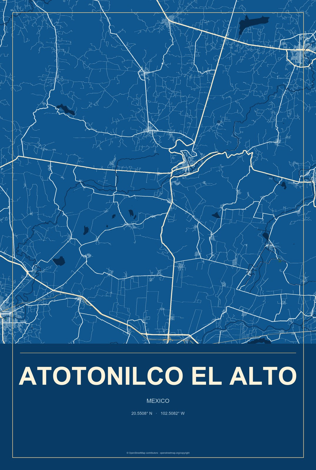 Atotonilco el Alto, Mexico City Map Aluminum Sign in Harbor Cobalt style