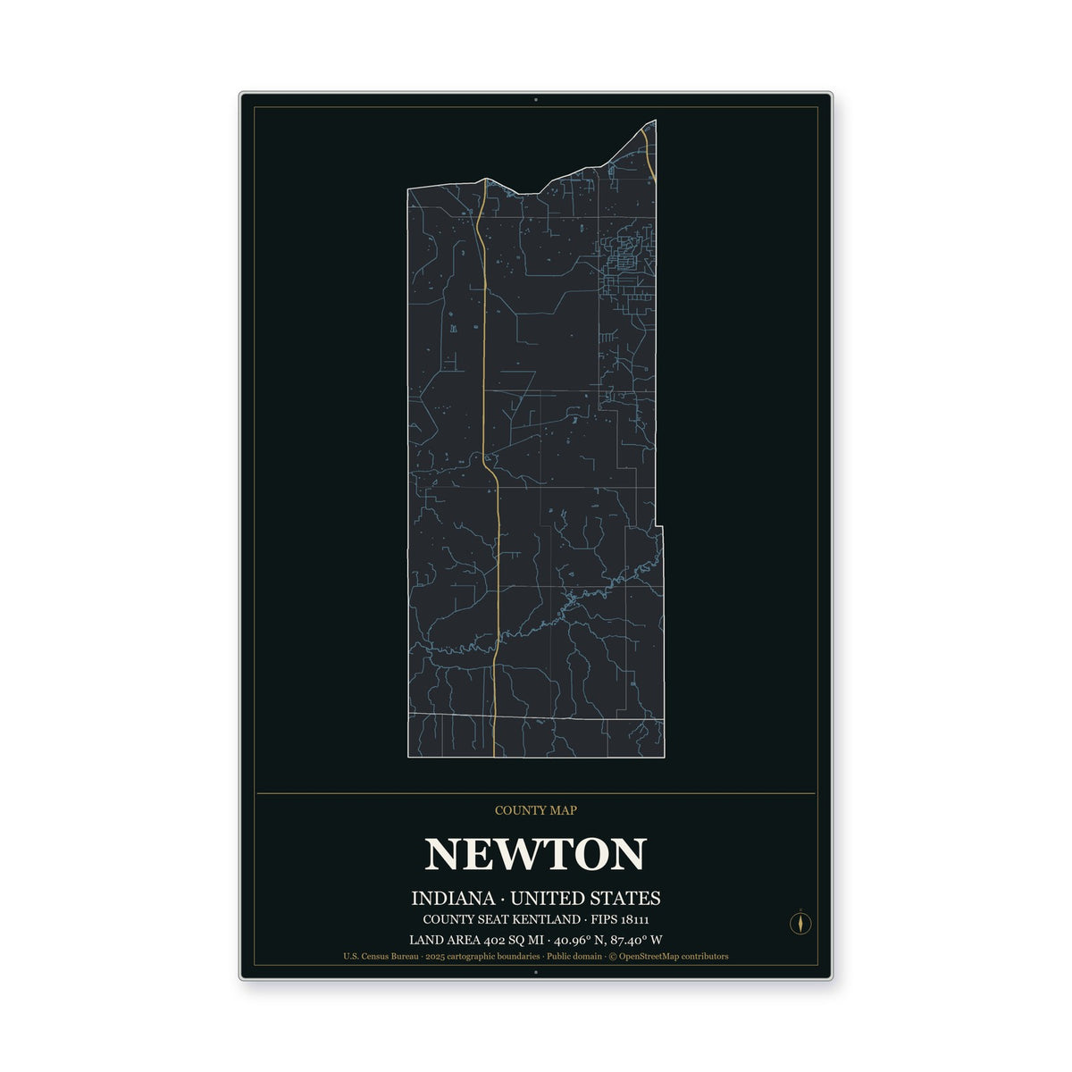 Newton County, Indiana Map Aluminum Sign in Metropolitan Noir style