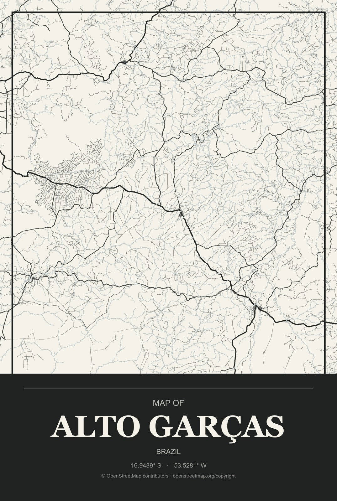 Alto Garças, Brazil City Map Aluminum Sign in Museum Plaque style