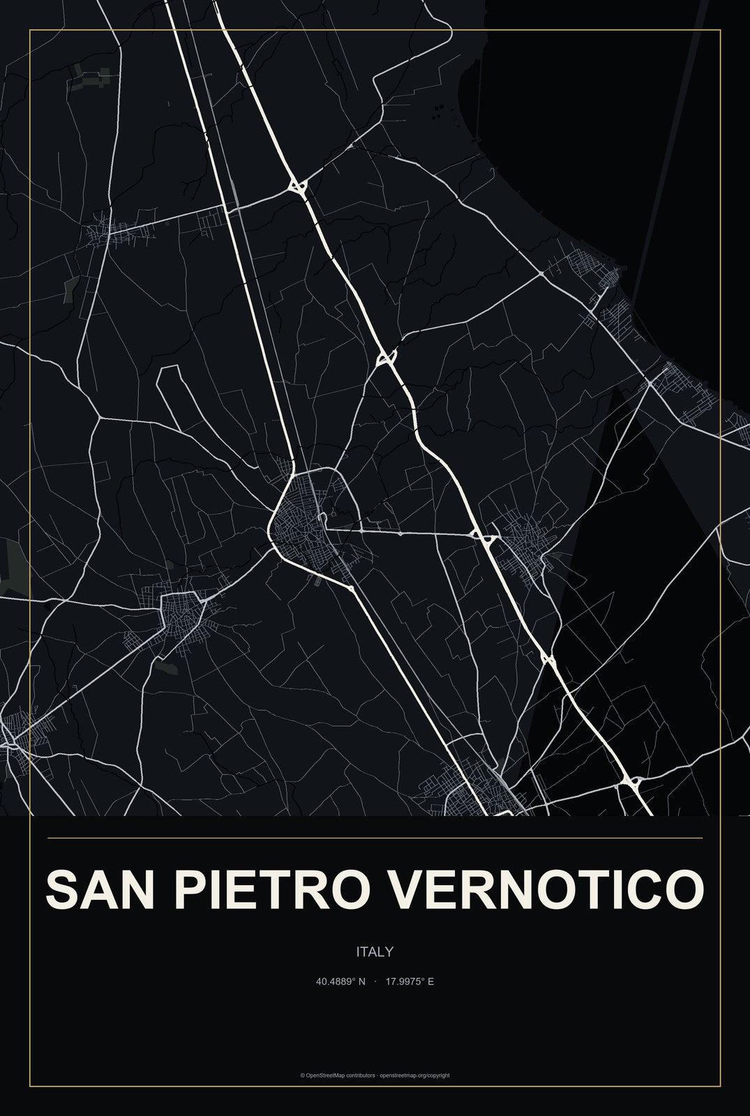 San Pietro Vernotico, Italy City Map Aluminum Sign in Metropolitan Noir style