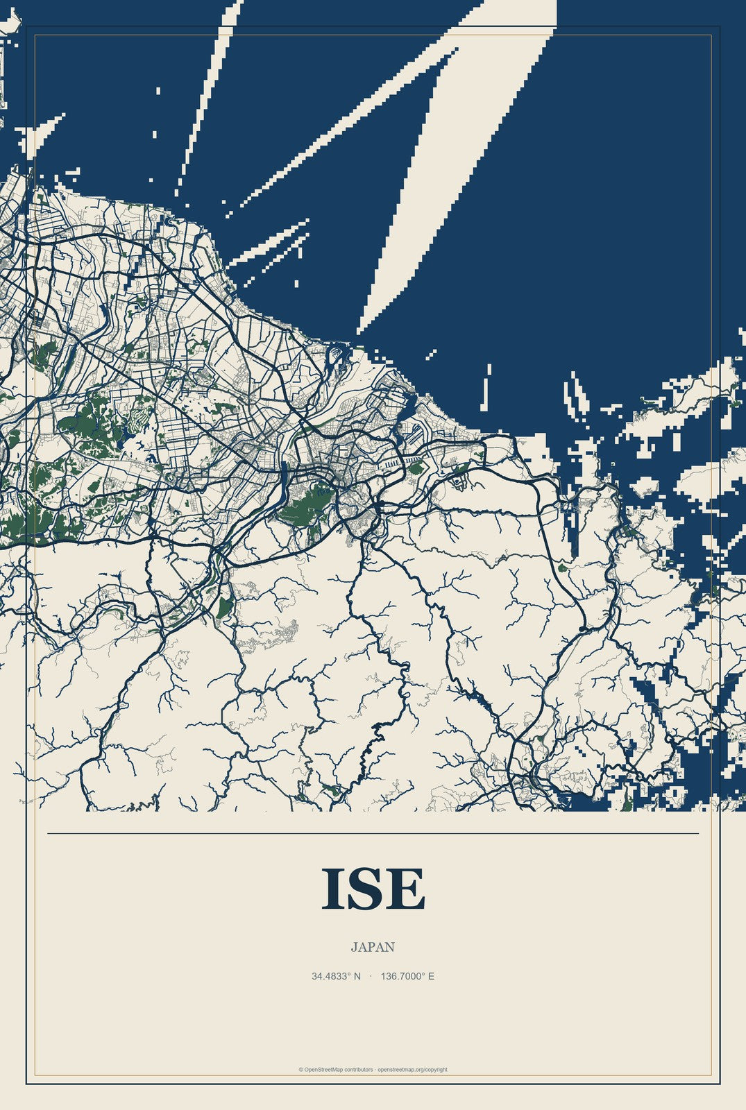 Ise, Japan City Map Aluminum Sign in Coastal Cutout style