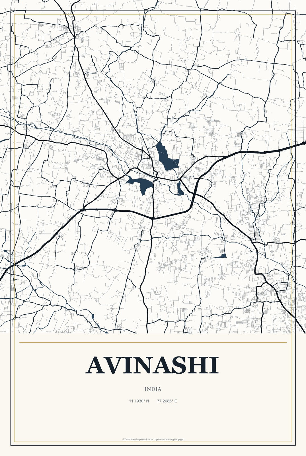 Avinashi, India City Map Aluminum Sign in Citrine Modern style