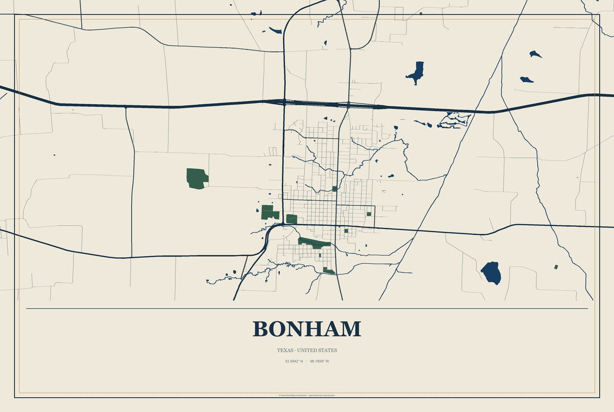 Bonham, Texas City Map Aluminum Sign in Coastal Cutout style
