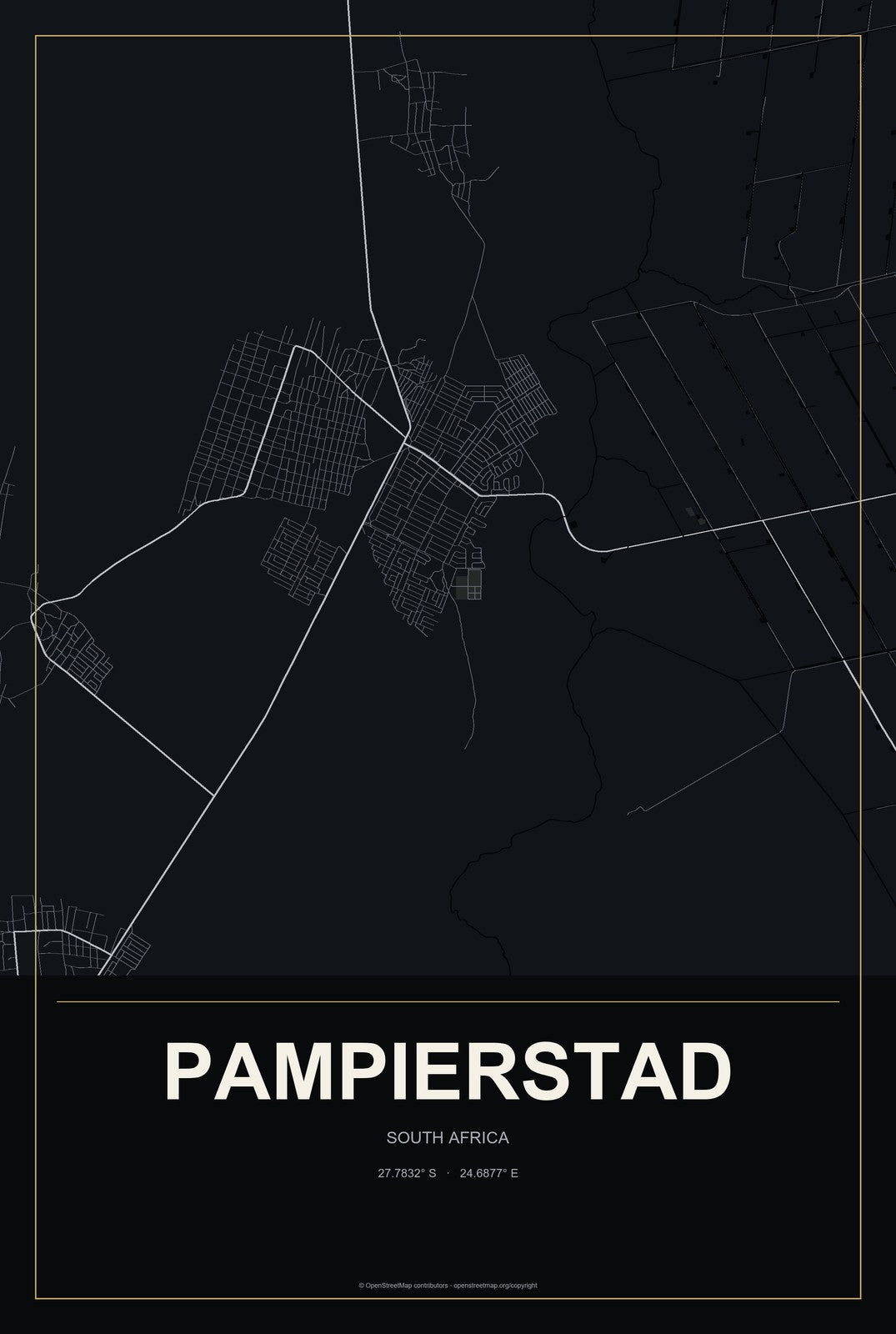 Pampierstad, South Africa City Map Aluminum Sign in Metropolitan Noir style