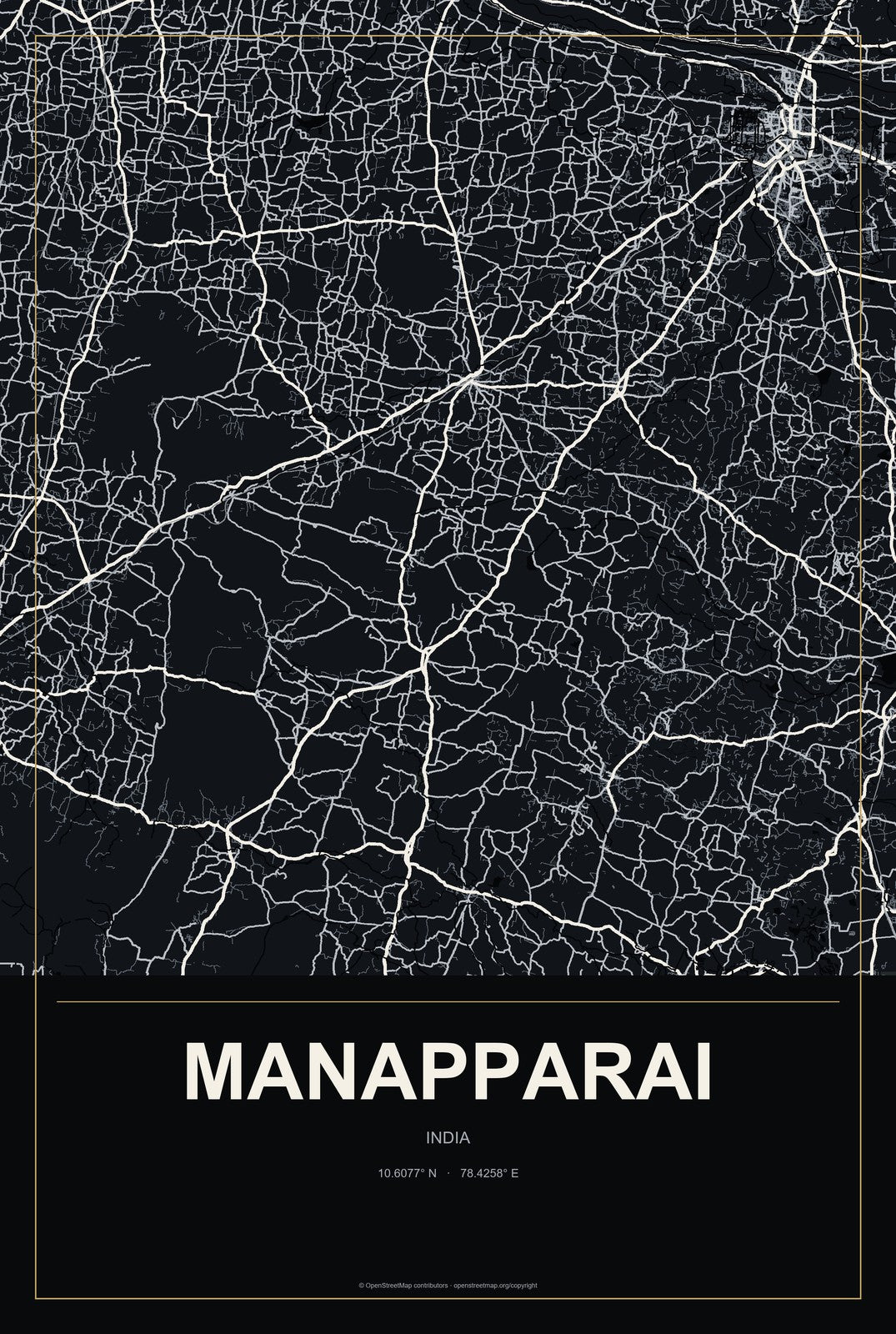 Manapparai, India City Map Aluminum Sign in Metropolitan Noir style