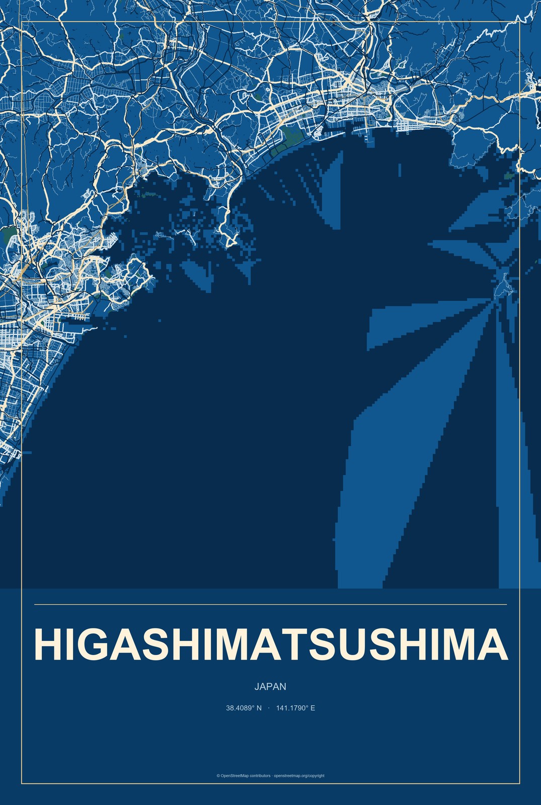 Higashimatsushima, Japan City Map Aluminum Sign in Harbor Cobalt style