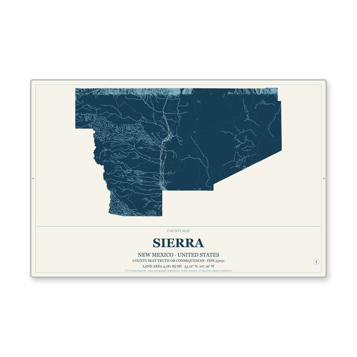 Sierra County, New Mexico Map Aluminum Sign in Coastal Cutout style