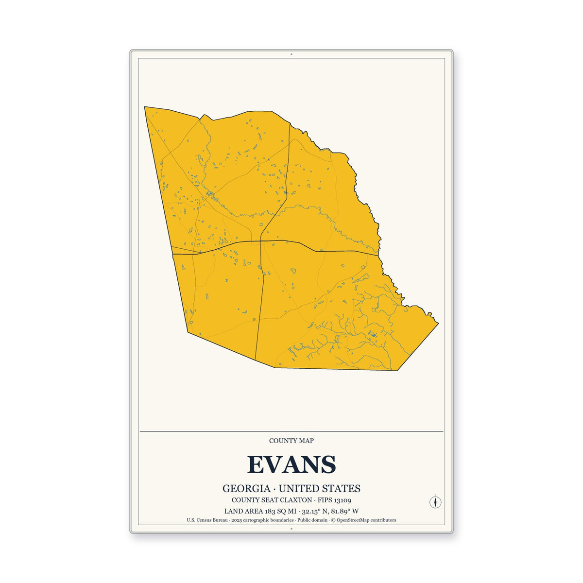Evans County, Georgia Map Aluminum Sign in Citrine Modern style